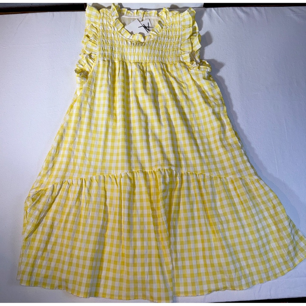 NWT &merci Brooklyn Gingham Dress Womens Medium M Yellow Lemonade Smocked Ruffle